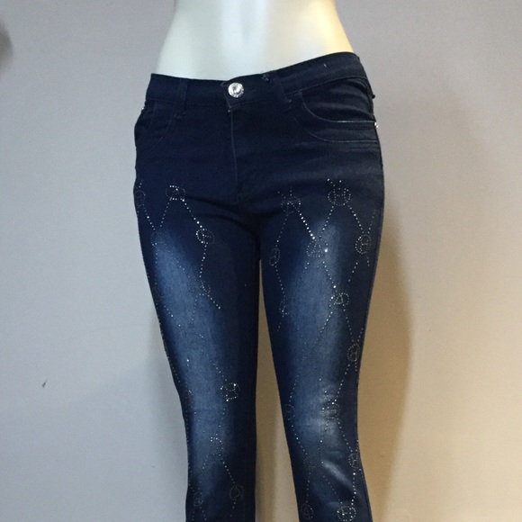 Blue Denim Jeans,Rhinestone embellished at Front, - Picture 4 of 11